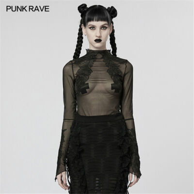 Punk Rave Women Black Gothic Feather Decoration Shirt Lace Mesh Long Sleeve Tops
