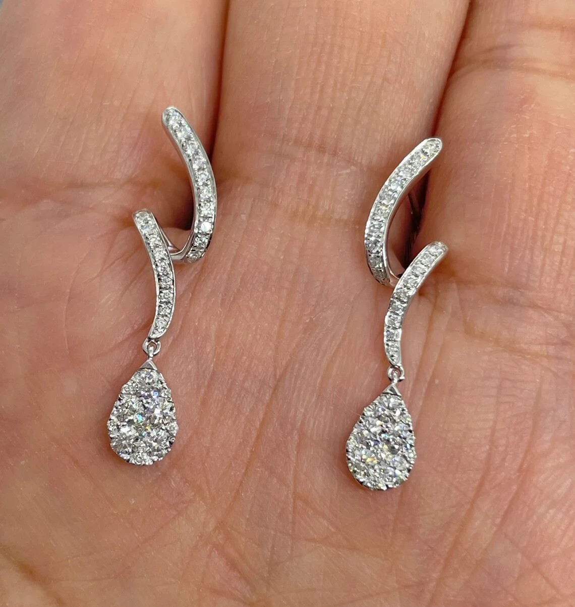 1Ct Round Moissanite Teardrop Dangle Earrings in 14K White Gold