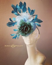 Kentucky Derby Fascinator Teal Light Powder Blue Pine Green Rose Hat Royal Ascot