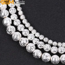 Silver Metallic Coated Volcanic Lava Rock Round Beads For Jewelry Making 15" DIY