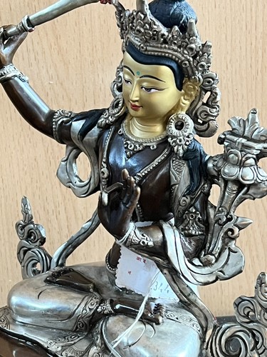Feuerversilberter Buddha Manjushri aus Nepal. Bronze 23cm - Bild 18 von 22