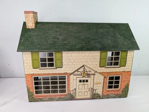 1950's Louis Marx MAR Toys Lithograph Tin Dollhouse 2 Story Colonial Vintage
