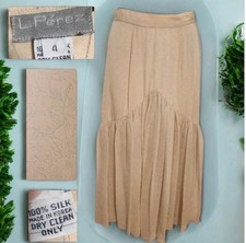 VTG L Perez Beige Silk Floral Midi Skirt Ruffle Hem Cottagecore Sz 4 Waist 24