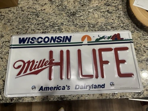 MILLER HIGH LIFE BEER WISCONSIN WI LICENSE PLATE IN MOTION TIN BAR SIGN VINTAGE