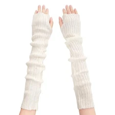 Arm Warmers Knit Long Fingerless Stretchy Gloves Wrist Warmer with 2 White