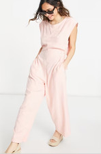 Free People Heat Wave M Linen Blend Pink Jumpsuit Flyaway Back Coastal Minimalis