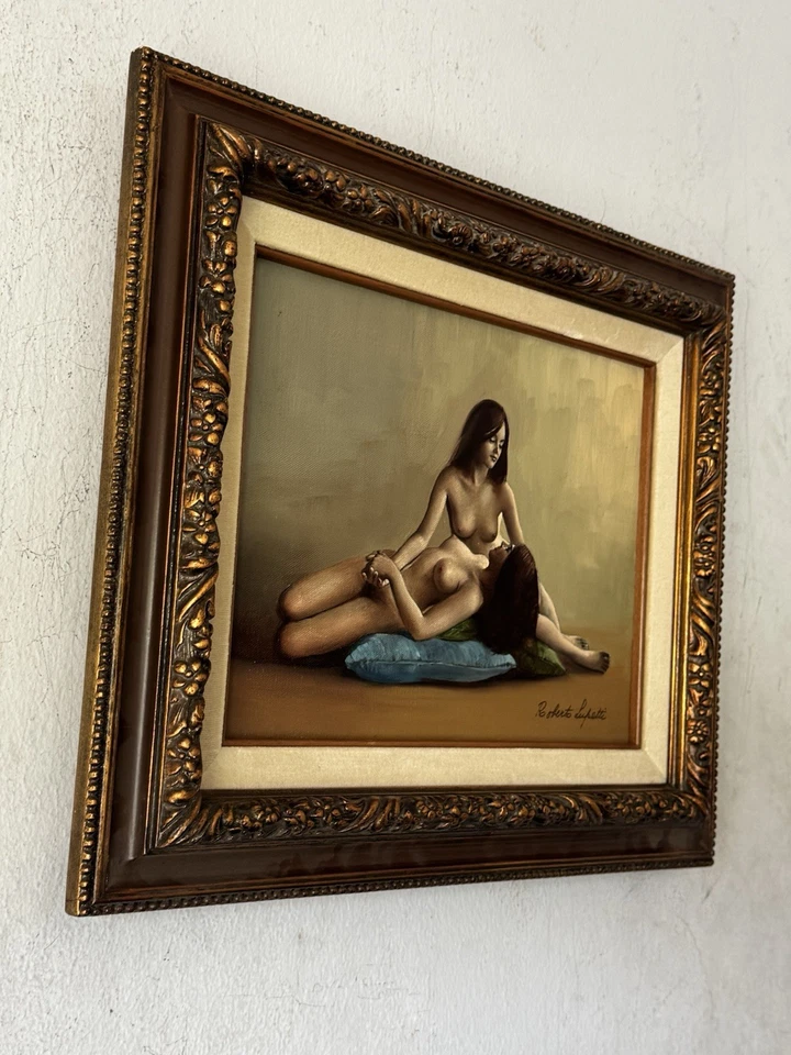 ROBERTO LUPETTI ANTIQUE FIGURATIVE LESBIAN WOMAN OIL PAINTING VINTAGE GAY LOVERS - Image 4 of 4