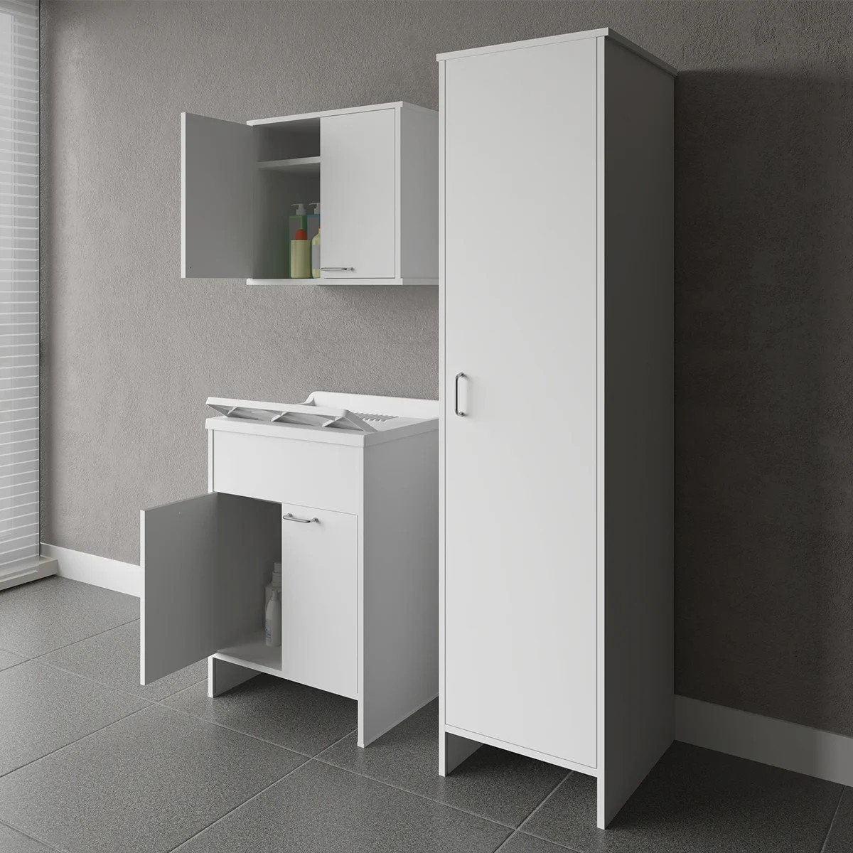 Ensemble buanderie Negrari COMP 6 meuble vasque suspendue et colonne gain de place blanc