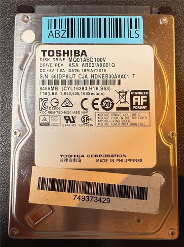 Toshiba, 1TB, MQ01ABD100V, ASA AB00/AX001Q, S/N: 56IDP8IJT, SATA HDD