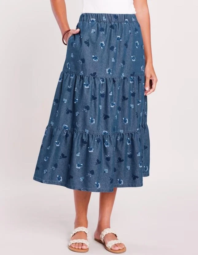 NEW NWT Blue Floral Lightweight Denim Sz Small Tiered Midi Skirt Pockets BLAIR
Opens in a new window