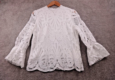 Damen Spitze Bluse Top Medium weiß hochgeschlossen Glockenärmel durchsichtig Oberteil Braut Henne Do