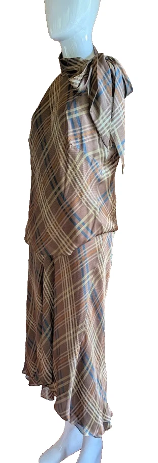 Ralph Lauren Silk Skirt Top Set Sz 10 12 Sleeveless Chocolate Brown Plaid Luxury - Image 3 of 4
