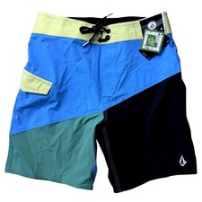 Volcom Boys Size 29 18 Colorblock Board Shorts Black Blue Swim Shorts NWT