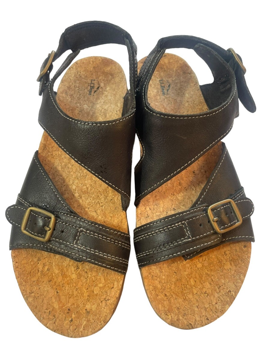 LL Bean Sandals Cork Footbed Shoes Womens Size M Black Preppy EUC