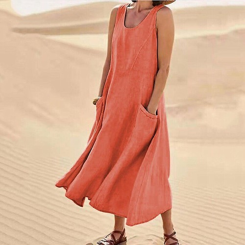 Summer Plus Size Womens Casual Boho Solid Maxi Dress Sleeveless Long Sundress - Picture 7 of 15