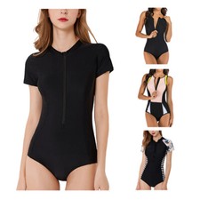 Women's Rash Guard Swimsuit Short Sleeve Zip Monokini Surfing One Piece Tankini