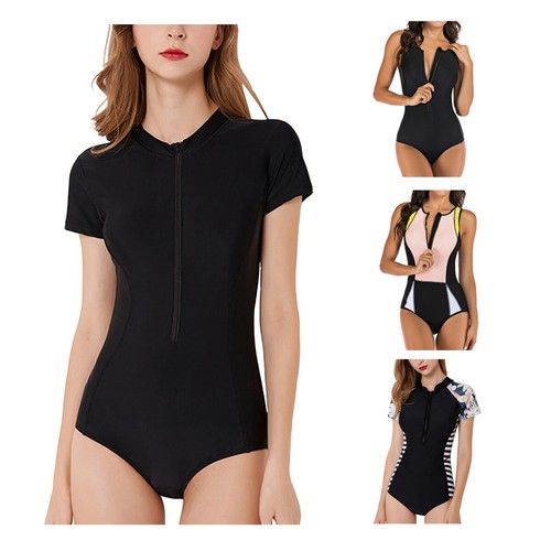 Women's Rash Guard Swimsuit Short Sleeve Zip Monokini Surfing One Piece Tankini