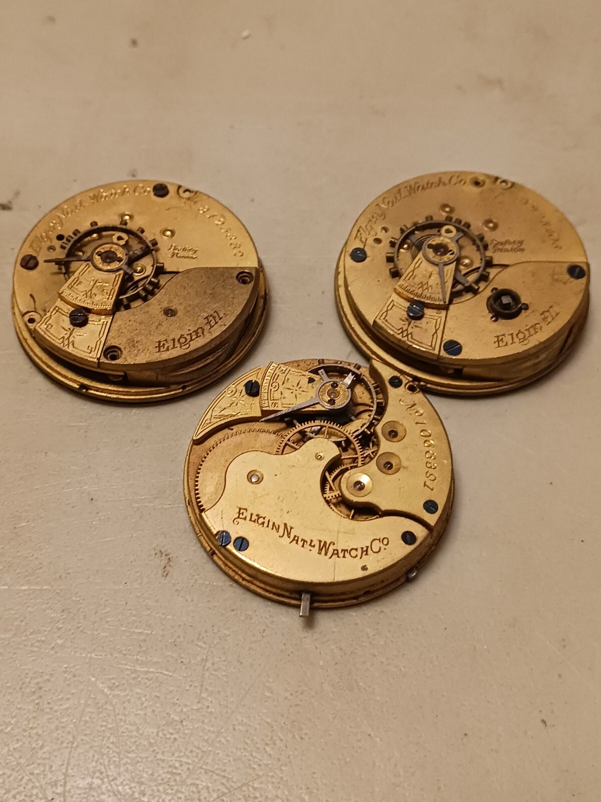 Lot Of 3 ANTIQUE ELGIN POCKET WATCH MOVEMENTS ENAMEL DIALS parts repair