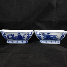 Pair Blue & White Bowl Footed Octagonal Man Woman Bats Clouds Marked Vintage