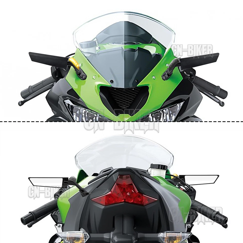 Espejos retrovisores con luces de giro LED para Kawasaki Ninja 400 650 ZX6R ZX10R Foto 2 de 4
