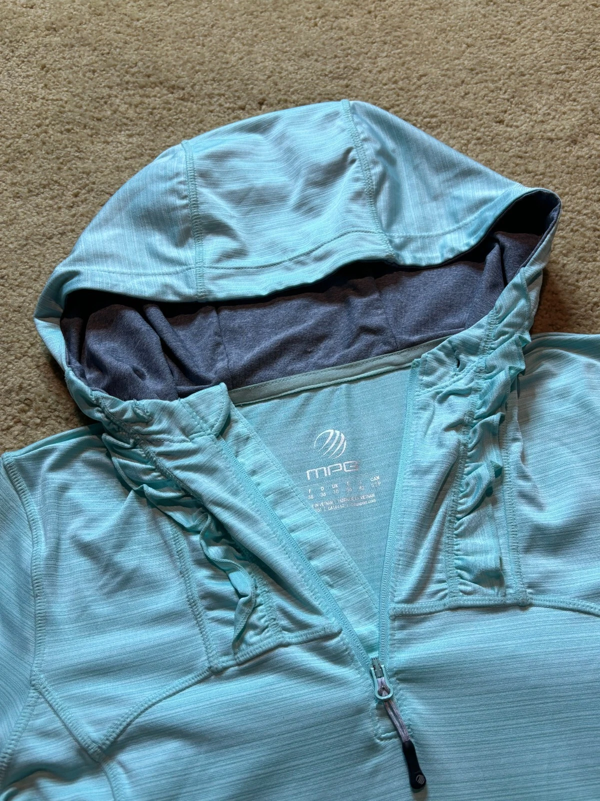mpg mint aqua quick dry ruffled pullover hoodie