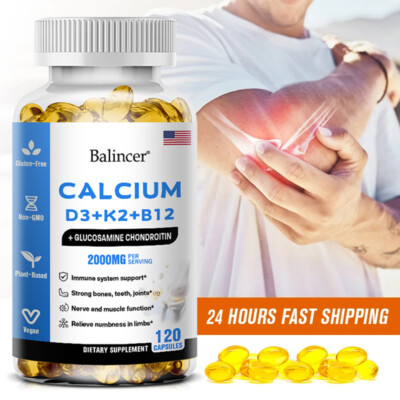 Calcium D3 + K2 + Vitamin B12 Strengthen Bones, Teeth, Joints 120 Capsules