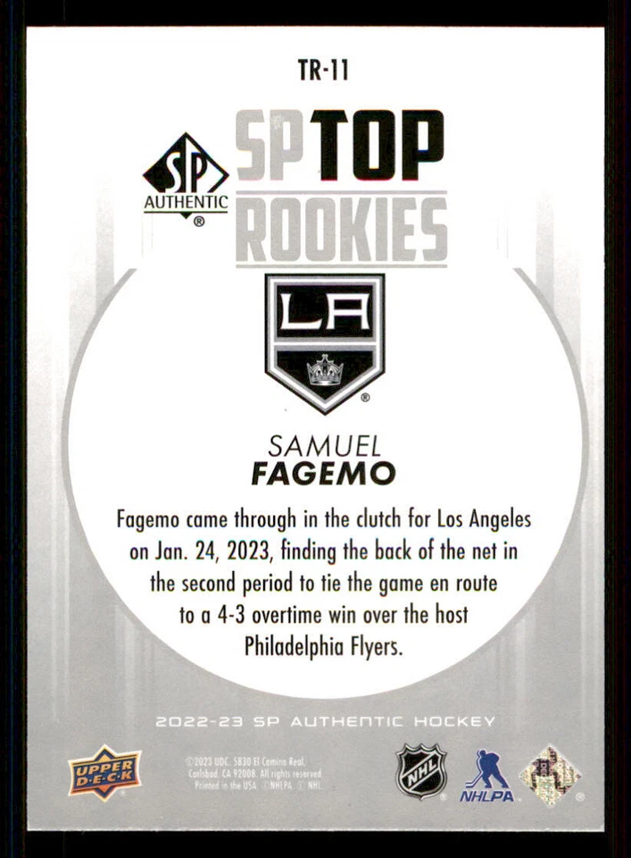 2022-23 SP Authentic Top Rookies #TR11 Samuel Fagemo - Image 2 of 2