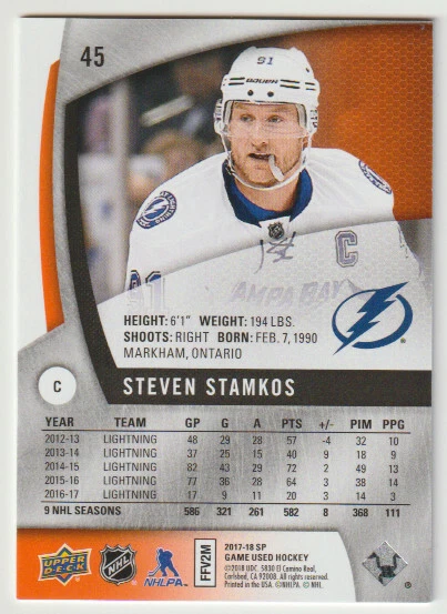 2017-18 UD SP Game Used Steven Stamkos Card #45 Orange Rainbow 142/160 - Image 2 of 2