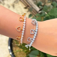 Silver Plated Heart Dangle Round Cubic Zirconia Tennis Charm Adjustable Bracelet