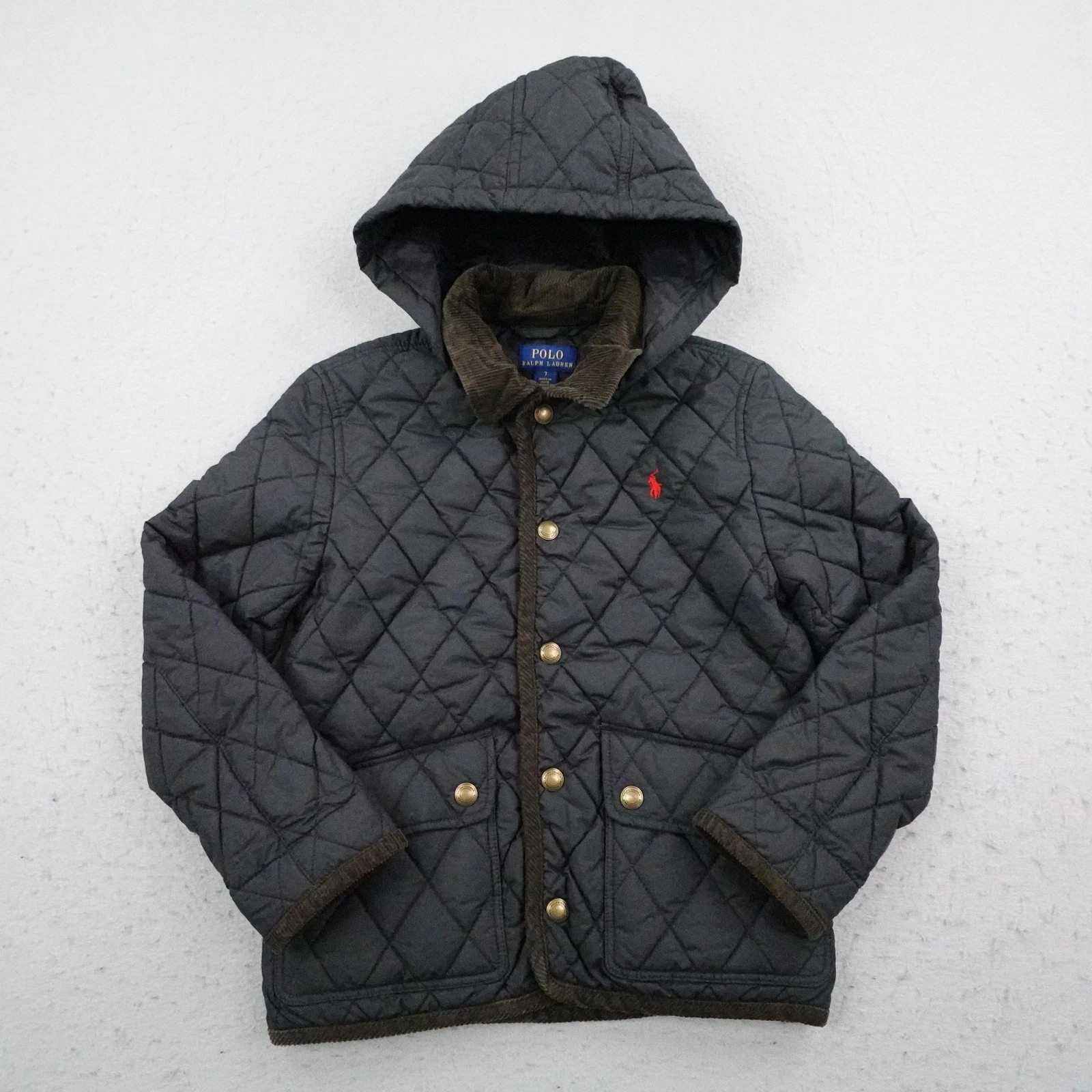 Polo Ralph Lauren Jacket Boys 7 Black Quilted Puffer Corduroy Collar Coat Kids