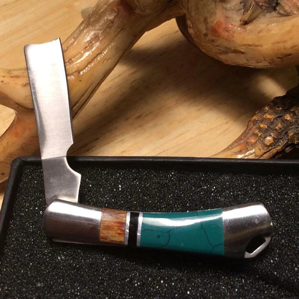 Rough Ryder 2" Tiny Razor Turquoise/Brown Wood Pocketknife w/Lanyard Hole RR1474 - Image 3 of 4