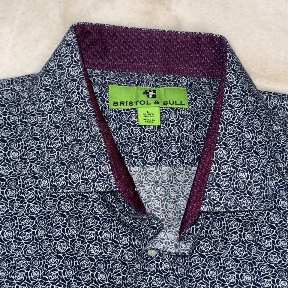 Men's Blue/White Floral LS Purple Accent Size L By Bristol & Bull Flip Cuff - Image 2 of 4