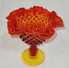 Vintage Fenton Hobnail Amberina Ruffled Edge Pedestal Compote Fluted Candy Dish