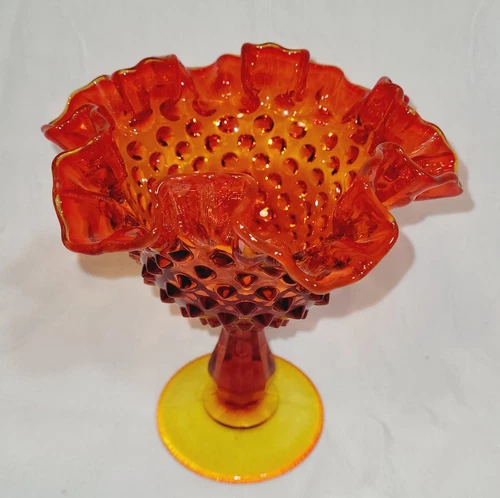Vintage Fenton Hobnail Amberina Ruffled Edge Pedestal Compote Fluted Candy Dish