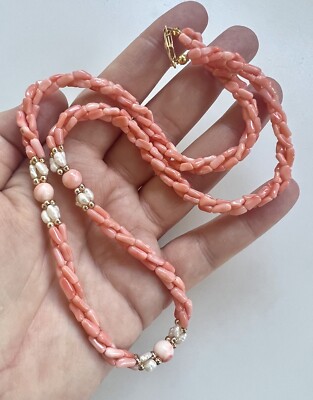 Vintage Multi Strang Orange Lachs Momo Engelshaut Koralle & Perlenkette 21,5''