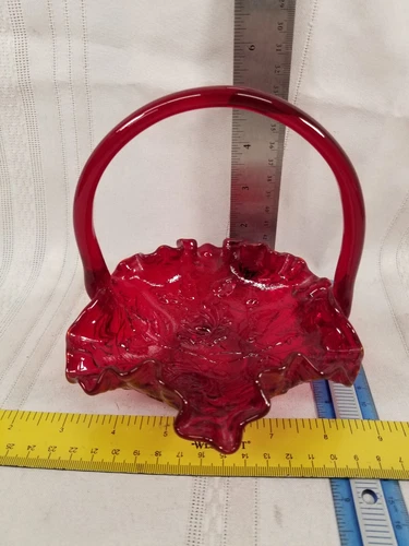 Vintage Fenton Ruby Red Rose Pattern Glass Basket Fluted Edge #9240-RU