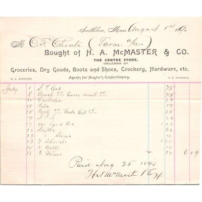 1890 Antique Billhead - H.A. McMASTER & CO Groceries Dry Goods - Southboro, Mass