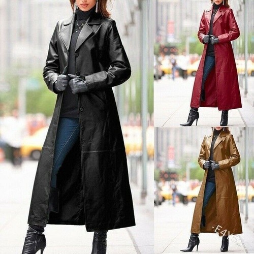 Gothic Jacket Ladies Leather Trench Coat Midlength Classic Retro Tops Outdoor XL - Picture 2 of 12