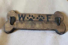 Wooden Dog Bone Shaped 2 Metal Hook Wall Plaque Leash Collar Towel Holder Woof