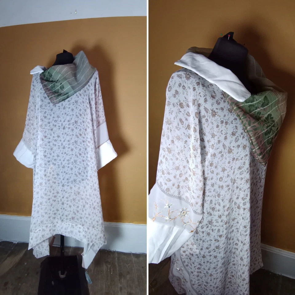 NEW HANDMADE BESPOKE KIMONO SAREE Kaftan TOP ONE SIZE PLUS SIZE  BEIGE LAGENLOOK - Image 2 of 4