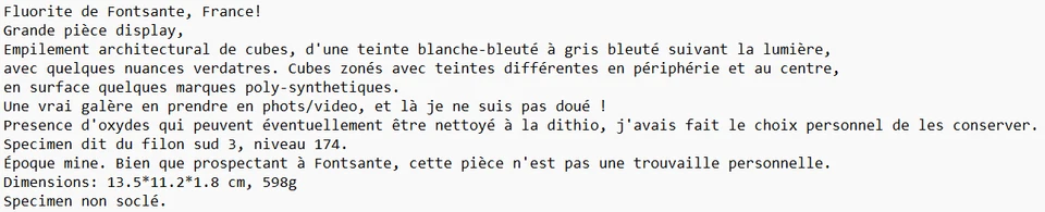 Grande Fluorite FR Mine de Fontsante, bleutée gris, pyrite inclusion, 14cm 600g - Photo 2/4