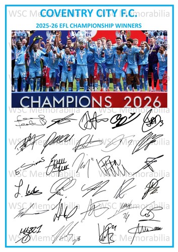 12567. 2025-26 Coventry City Signed Team Photo Sheet (PRINTED AUTOGRAPH - A4)