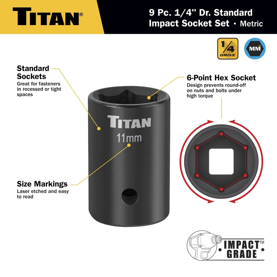 Titan 46201 9-Piece 1/4-Inch Drive Metric Shallow Impact Socket Set, 6-Point,... - Image 4 of 4