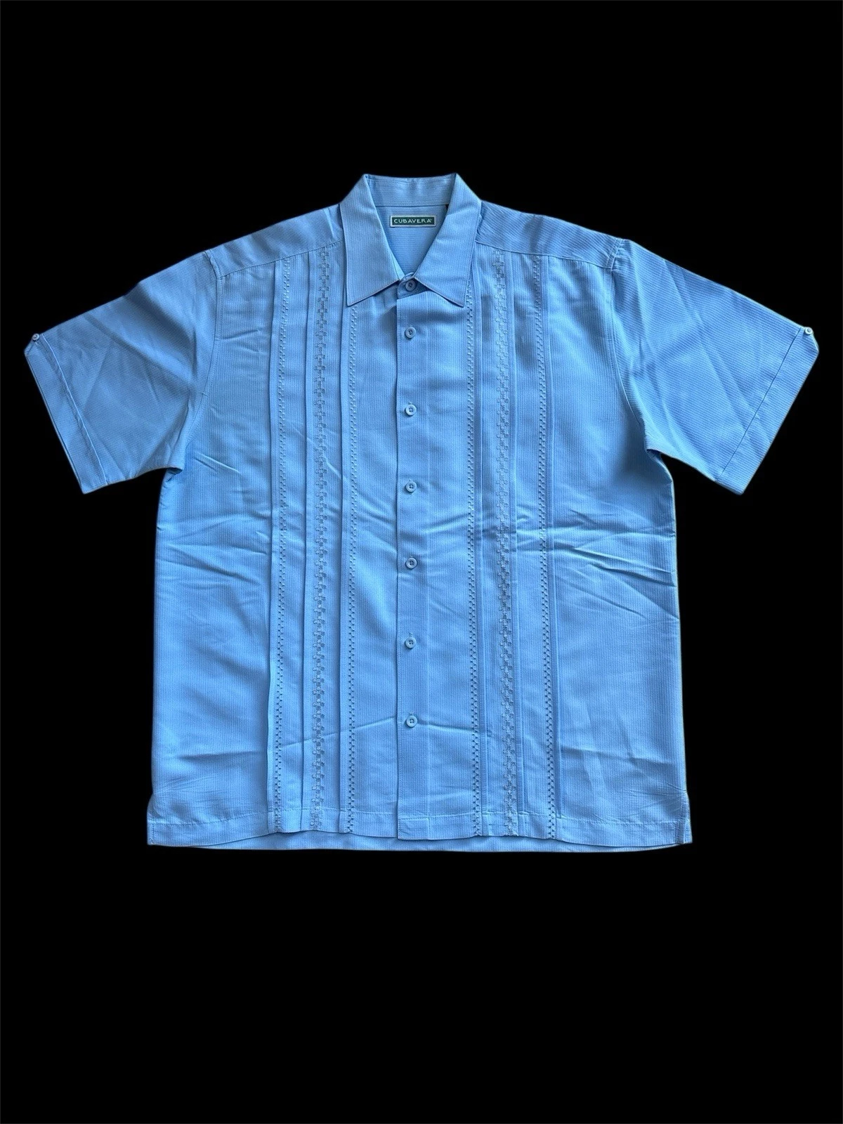 Cubavera Mens Short Sleeve Large Lt Blue Embroidered Pleated Camp Shirt Button