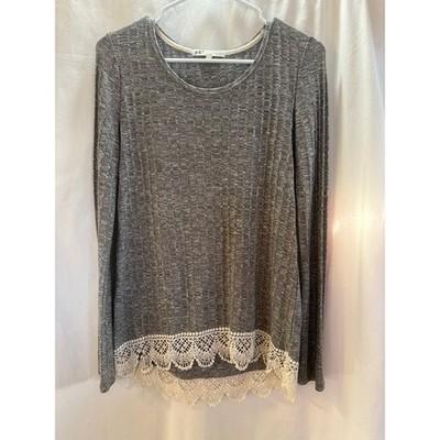 Jolt Gray Textured Knit Top with Lace Hem   Size Small