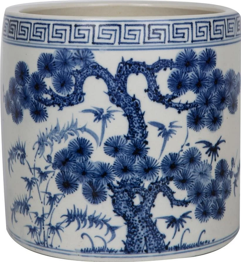 Handcrafted Blue and White Pine Tree Greek Key Vase