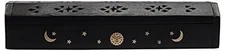 Sun, Moon, and Stars Brass Inlay Design - Wooden Coffin Incense Burner for Incen