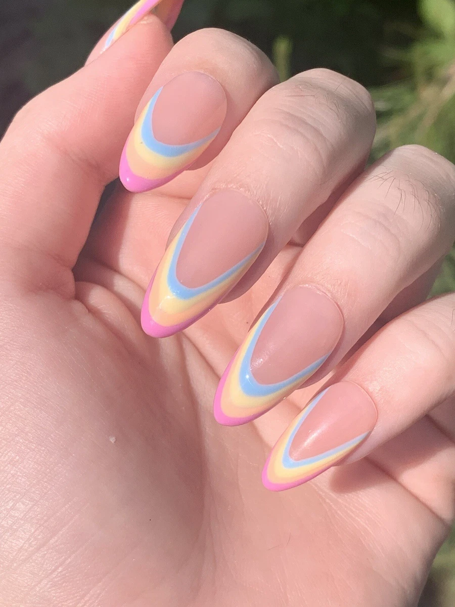 Pastel Soft Rainbow French Tips Reusable Fake Press On Nails Handmade