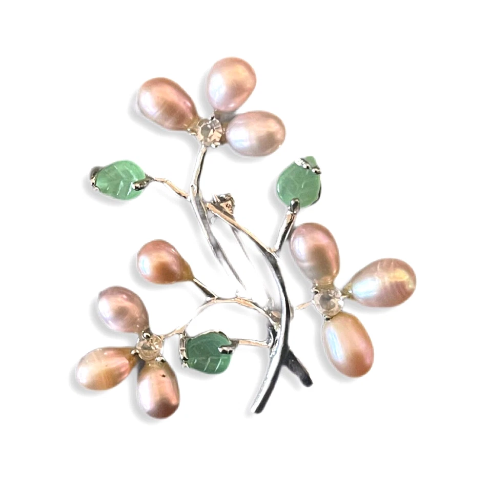 Broche de pérolas de água doce Taj, rosa, aço prata, strass transparente, Lucite + caixa - Imagem 2 de 4