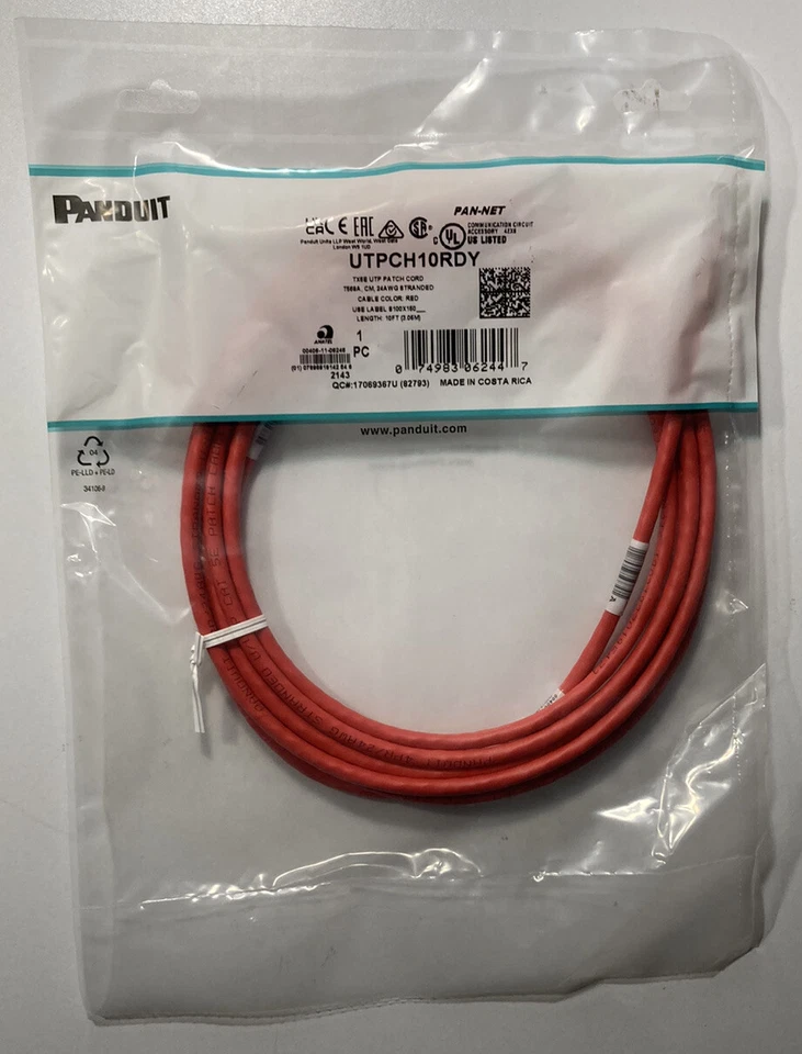 Panduit UTPCH10RDY - TX6E 10ft Red Patch Cord (3.05m) T568A, CM, 24AWG Stranded - Image 2 of 4